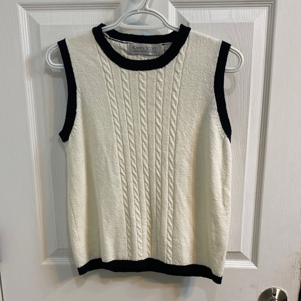 Karen Scott Sweater Vest Cable Knit Cream Black Acrylic Women’s Size MEDIUM